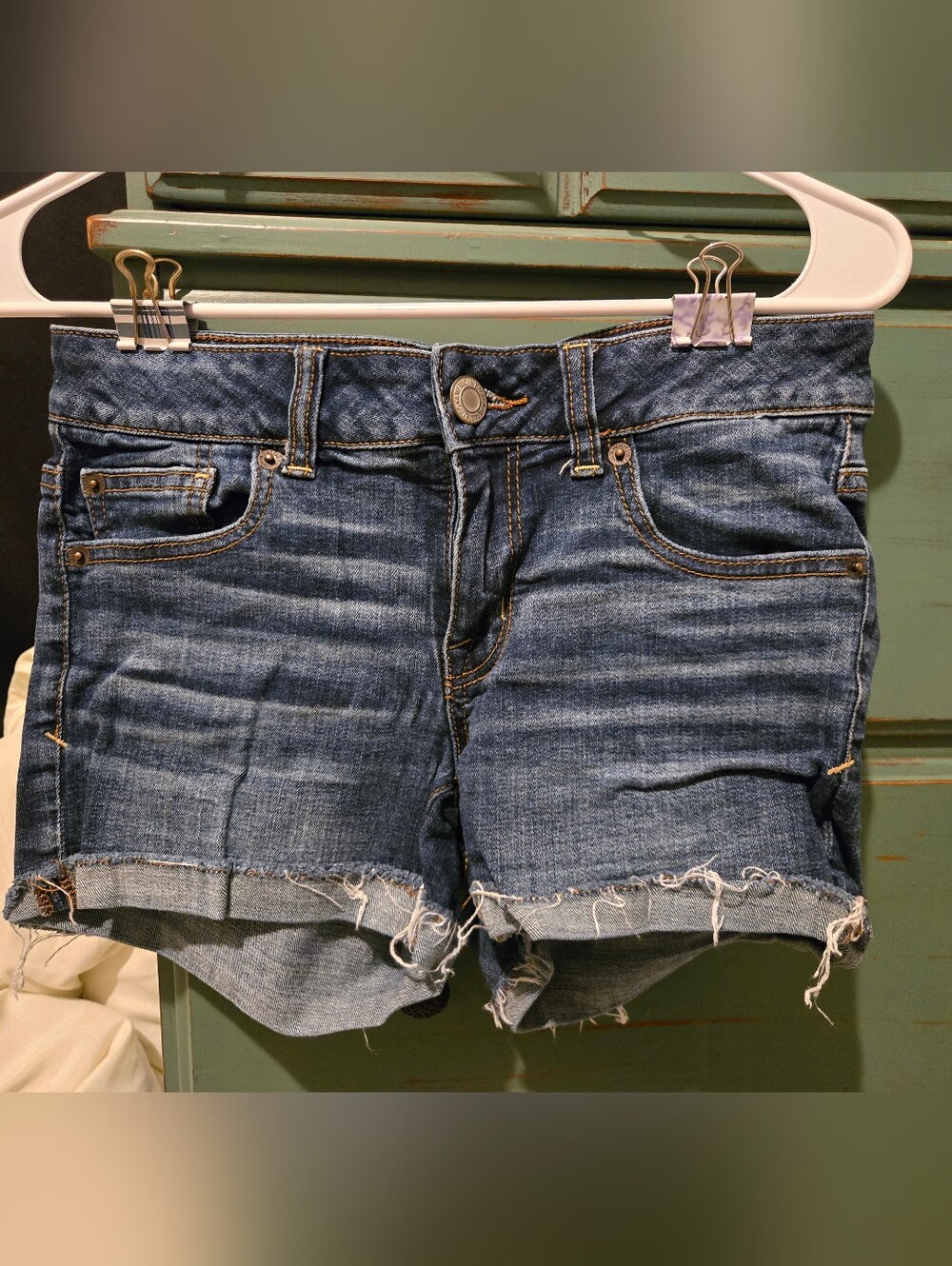American Eagle Outfitters Distressed Dark Blue Super Stretch Denim Shorts